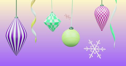 Colorful Christmas Ornaments Hanging on Pastel Background