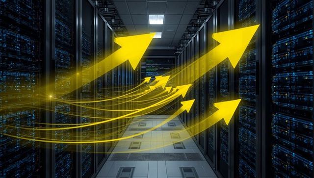 Futuristic Data Center with Rising Yellow Arrows Representing Growth