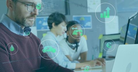 Team analyzing data with technology icons, modern office concept
