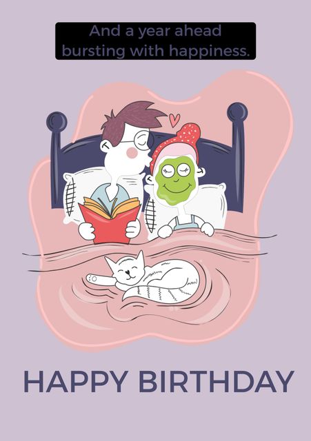 Perfect for birthdays, this greeting card features a couple relaxing in bed. The man is reading a book while the woman has a facial mask on. A cat is also lounging with them. This cozy scene provides a heartwarming message on birthdays and other romantic occasions. Ideal for use in greeting card shops, online birthday messages, and printed materials.