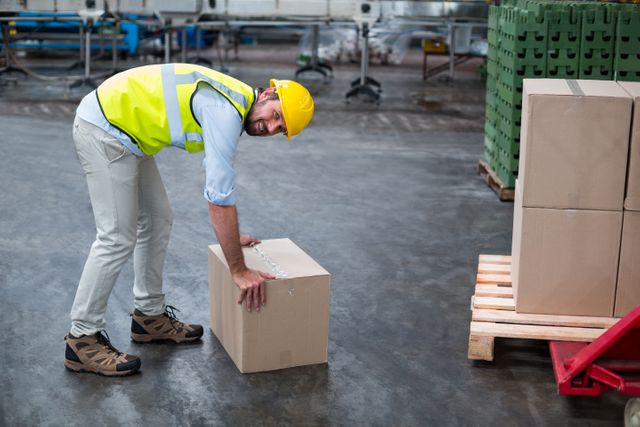 Factory worker wearing safety gear lifting a cardboard box in a warehouse. Useful for illustrating concepts related to manual labor, logistics, packaging, shipping, and workplace safety. Ideal for use in articles, advertisements, and training materials related to industrial work and safety protocols.