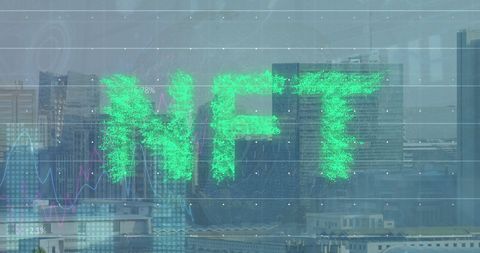 Digital NFT Hologram Over Urban Skyscraper Background