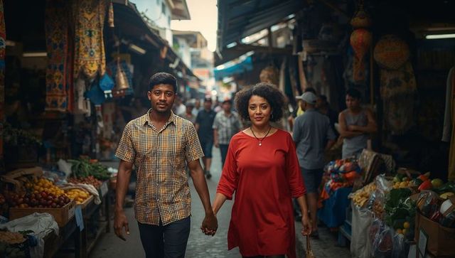 Walking couple holding hands in vibrant bazaar alley lined with textiles, lanterns, produce