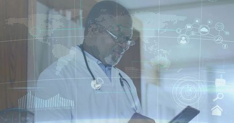 Doctor Analyzing Data on Tablet with Futuristic Digital Interface Overlay