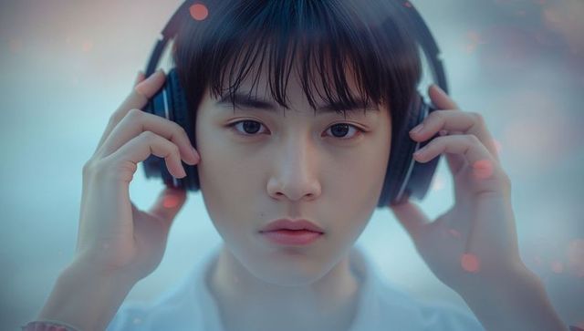 Asian Teen Adjusting Headphones with Pink Bokeh Effects