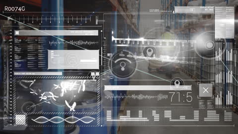 Futuristic Warehouse Logistics with Digital Interface Overlay