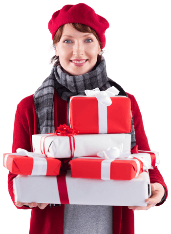 Charming Woman Holding Transparent Holiday Gifts Smiling Joyfully