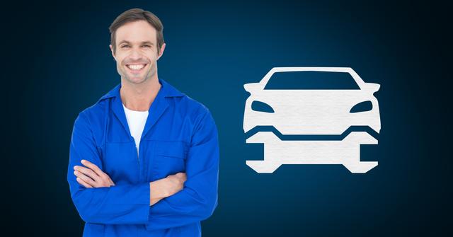 Image depicts a cheerful male auto mechanic in blue coveralls standing with arms crossed. A digital car icon is in the background, illustrating automotive repair or maintenance services. Perfect for use in advertisements or marketing materials for car repair shops, automotive service promotions, mechanic training programs or industry-related content.