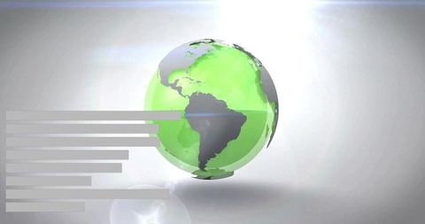 Floating green and gray 3D globe hovering over reflective surface with infographic bars