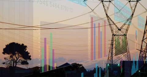 Electricity transmission towers monitoring grid performance with data overlays at dusk
