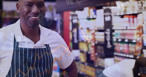Smiling supermarket employee stocking shelves with sales analytics chart overlay and bright aisle