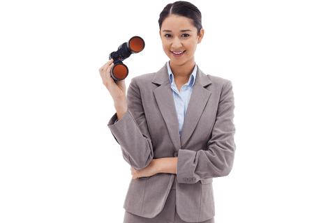 Confident Businesswoman Holding Binoculars on Transparent Background
