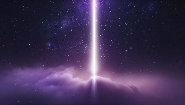 Mystical Light Beam Illuminates Night Sky with Galaxy Backdrop