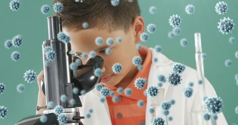 Young scientist studying microscope with virus overlay