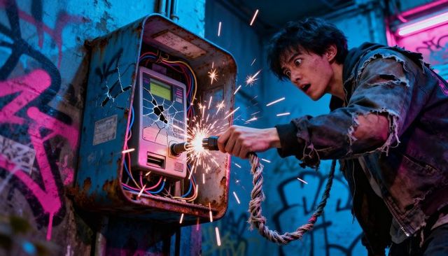 Grinding control box in neon alley, young man wearing torn hoodie creating sparks