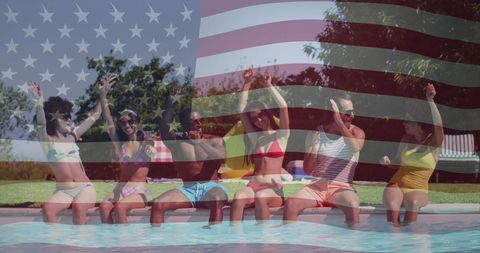 Diverse Friends Celebrating at Pool Party with American Flag Overlay