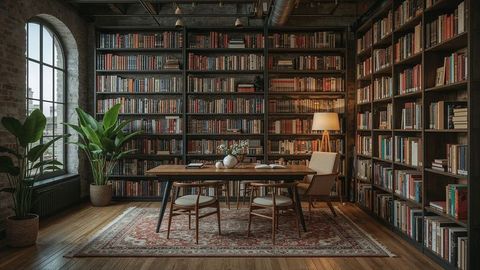 Cozy Private Library with Vintage Wooden Bookshelves