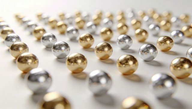 Shimmering gold and silver spheres lining diagonal rows on white surface