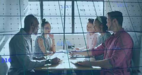 Business Professionals Analyzing Financial Data with Technological Overlay