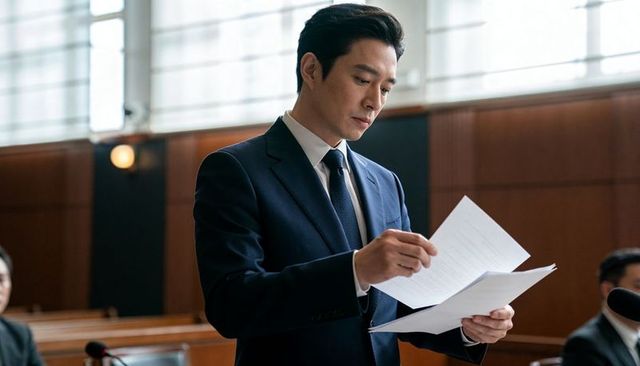 Asian lawyer reading legal documents at courtroom lectern holding briefs and papers
