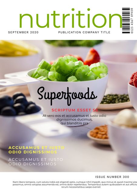 Ideal for articles or blogs on healthy eating, wellness trends, and superfoods. Cover design features vibrant bowls of fruits and vegetables, perfect for professional health, wellness, and diet blog illustrations. Great for newsletters, advertisements, and personal development content focused on nutrition and dietary habits.