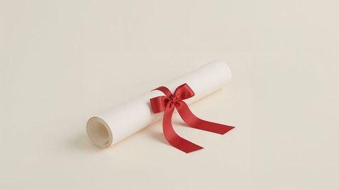 Elegant rolled scroll with red satin ribbon on minimalist background