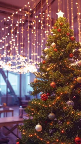 Pulling Back from Festive Christmas Tree with Baubles and Star in Cozy Cafe Interior