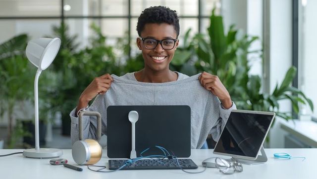 Young woman smiling adjusting gray checked top at modern plant-filled workspace