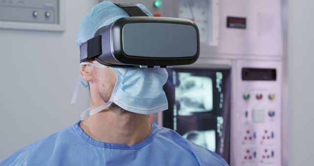 Surgeon using virtual reality technology in an operating room. Useful for illustrating advancements in medical technology, virtual reality applications in healthcare, and innovative surgical training methods. Ideal for medical publications, health tech articles, and educational materials about modern medicine and virtual training.