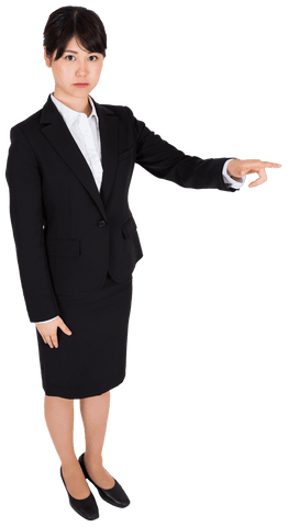 Professional Asian Businesswoman Pointing in Black Suit Transparent Background