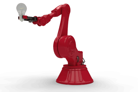 Transparent red robotic arm holding light bulb symbolizing innovation