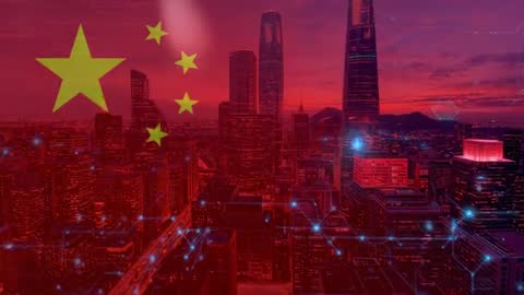 China's Urban Skyline Pulsing with Digital Connectivity at Sunset