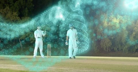 Night cricket players standing by wicket surrounded by teal glowing magical swirl