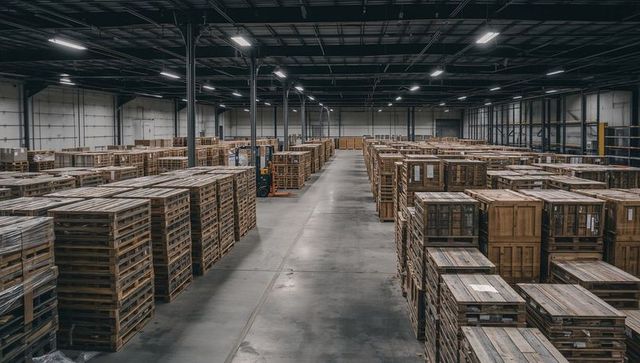 Spacious warehouse aisle with wooden pallets and crates, forklift operator wearing hi-vis
