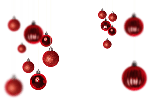 Hanging red christmas baubles on transparent background