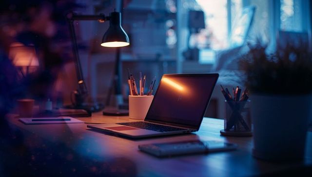 Modern workspace featuring laptop and desk accessories with warm lighting
