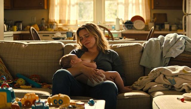 Tired mother breastfeeding infant on cozy sofa in sunlit everyday living room