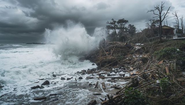 Raging Ocean Waves Crashing Against Rugged Shoreline with Driftwood