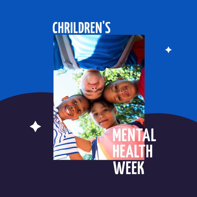 Composition of children's mental health week text and children practicing yoga in park. Children's mental health week, childhood and mental health awareness concept digitally generated image.