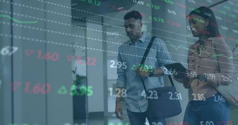 Colleagues Walking in Office Corridor with Digital Stock Market Overlay