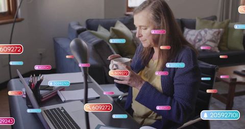 Woman in Home Office with Floating Social Media Notifications