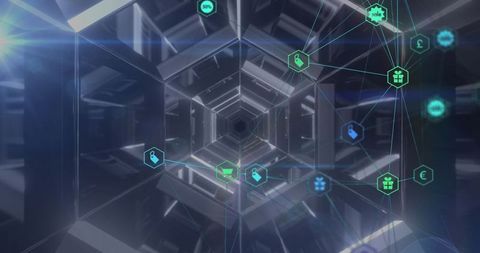 Futuristic hexagonal tunnel with retail and currency symbols
