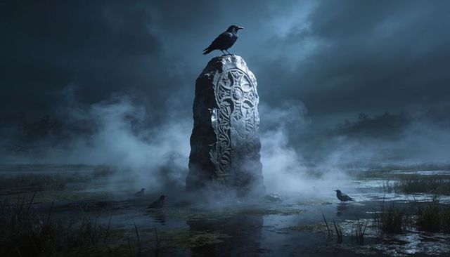Moonlit carved monolith rising from misty marsh with raven perching and crows foraging