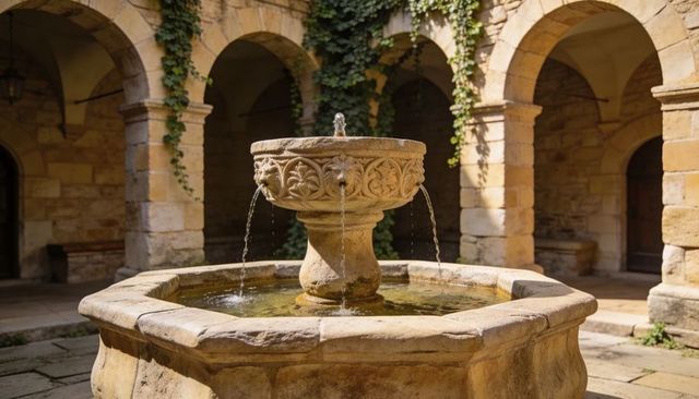 Sunlit carved stone fountain in historic cloister courtyard with flowing water and ivy