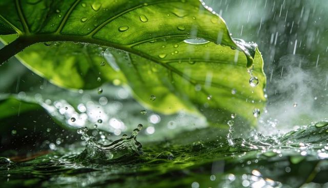 Dripping green leaf shedding rain over rippling water with misty splashes and bokeh