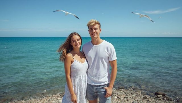 Happy Couple Enjoying Beachfront with Seagulls Overhead