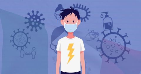 Illustration of man wearing face mask with virus icons in background