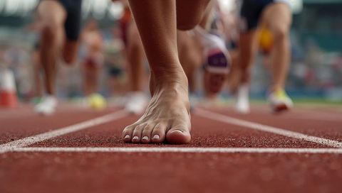 Barefoot sprinter pressing leading foot on track start line sprinting competition