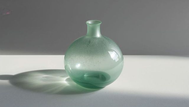Round green blown-glass vase casting soft caustic shadow on white tabletop minimal decor