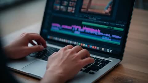 Hands trimming video timeline on laptop with colorful waveform multitrack audio for content creation